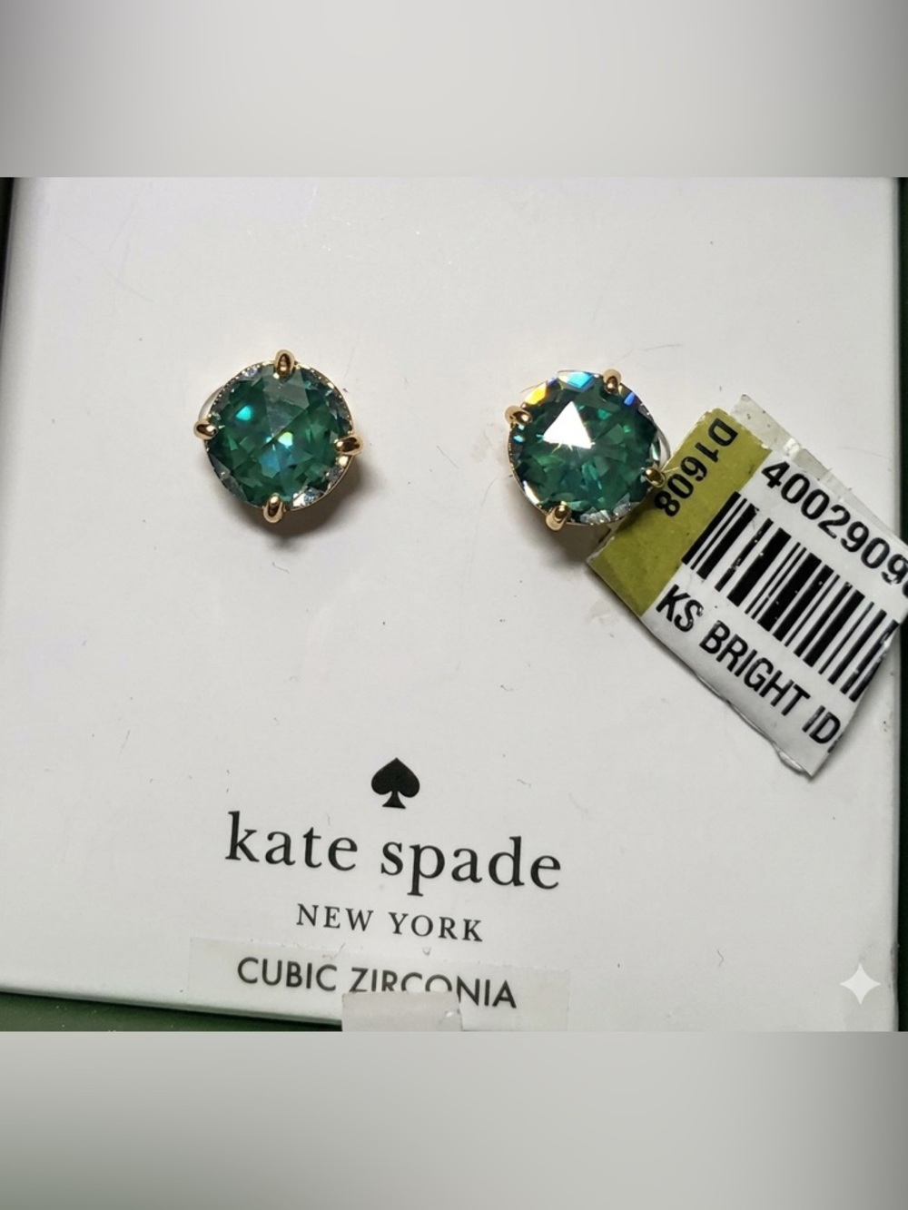 New Kate Spade emerald Gold Cubic Zirconia , gold plated Earrings